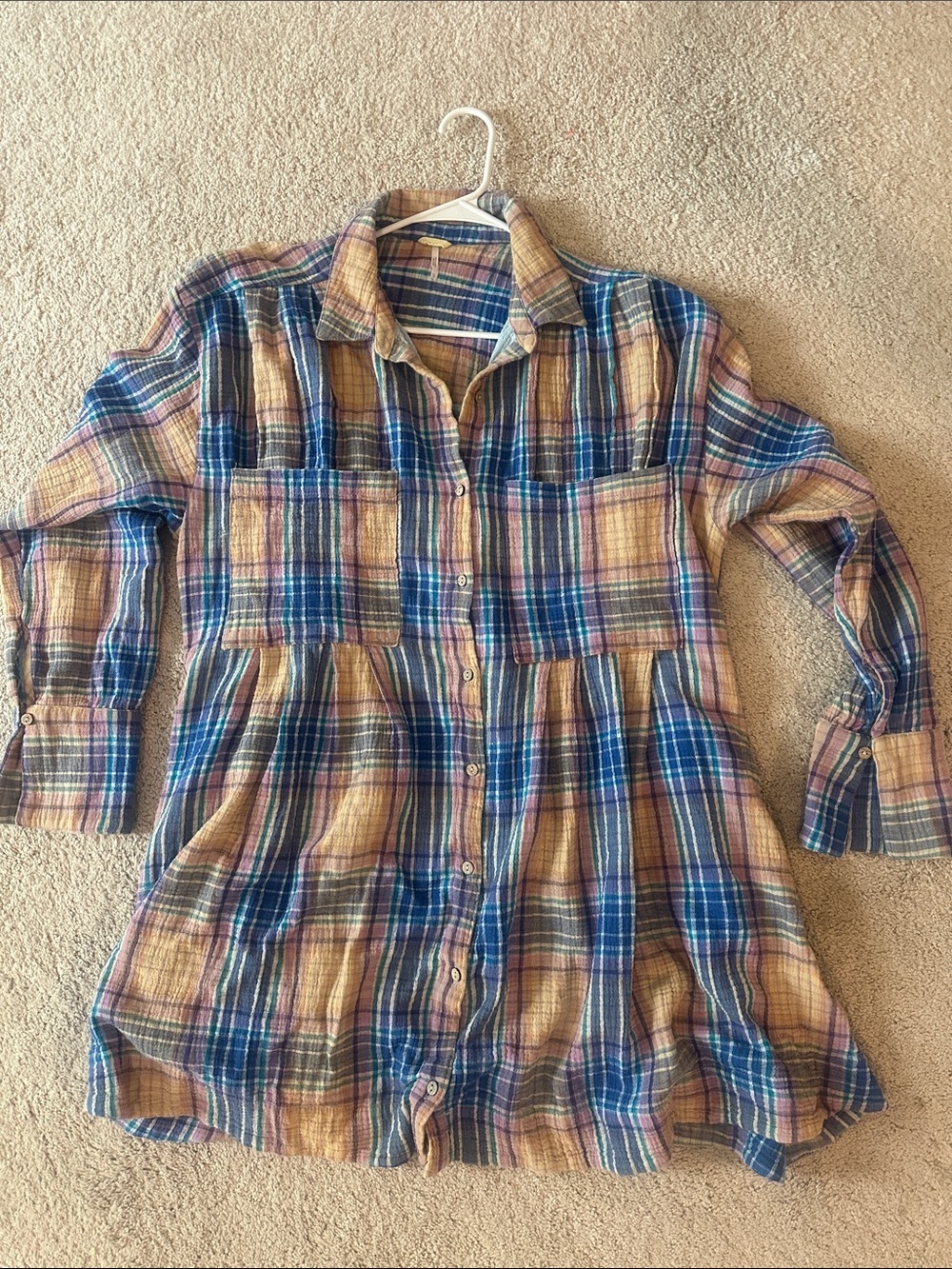 Free People Oversized Plaid Button-Front Voyage Shirt Dress in Blue Lavender Tan - Picture 4 of 9